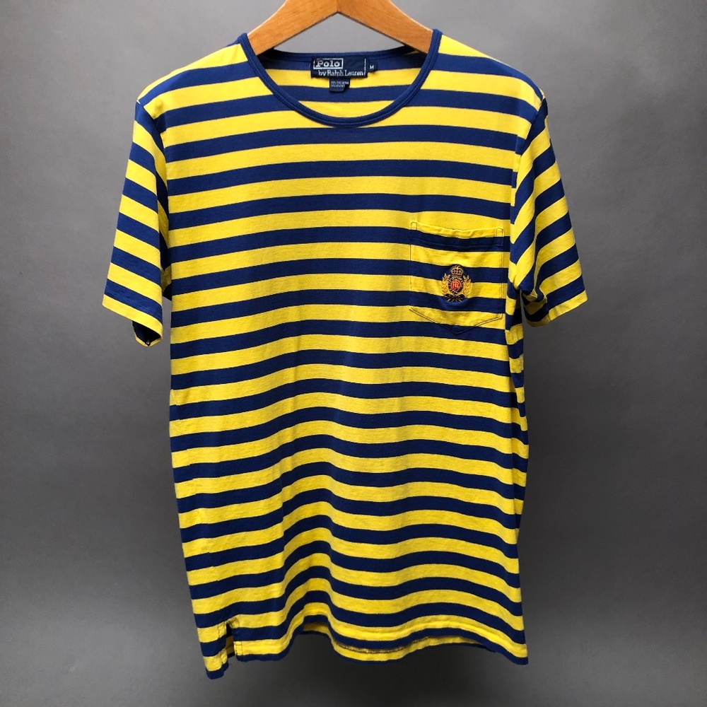 Mens Polo Ralph Lauren T-Shirt w/ Crest on Pocket Size Med Blue & Yellow Stripes